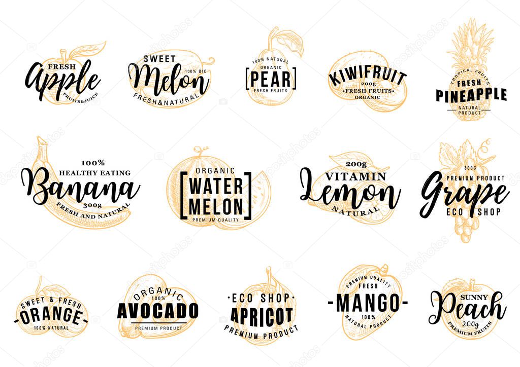 Tropical fruits icons with letterings. Apple and melon, pear and kiwi, pineapple and banana, watermelon and lemon, grape and orange. Avocado and apricot, mango and peach, organic food vector