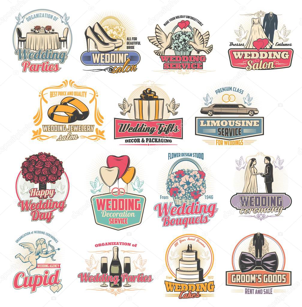 Marriage ceremony or wedding arrangement services icons. Party and salon, jewelry and gifts, limousine ordering and decoration, cake and bouquet. Groom and bride outfit shop badge vector isolated