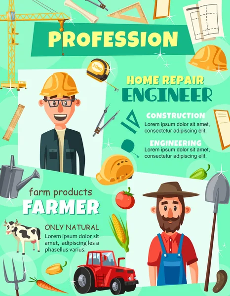 Farmer and engineer professions recruitment poster — Stock Vector