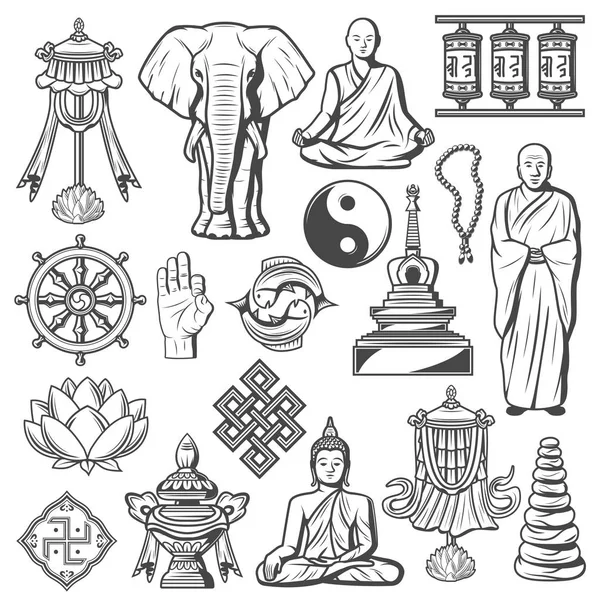 Hinduísmo e budismo sinais e ícones conjunto isolado — Vetor de Stock