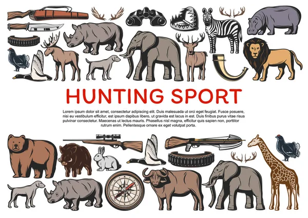 Animales y aves, armas para la caza de iconos deportivos — Archivo Imágenes Vectoriales