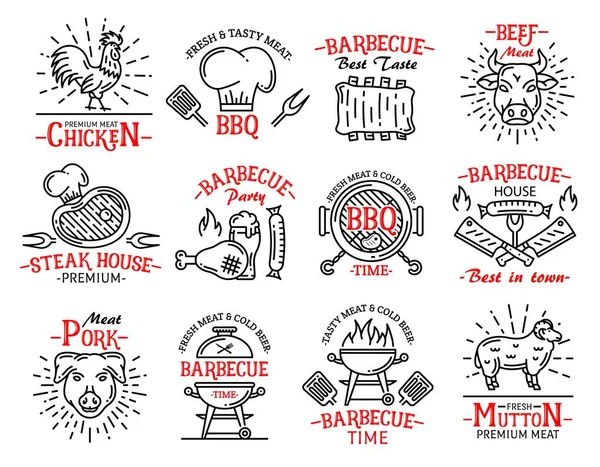 Kött produkter ikoner tecken biffar på grill grill — Stock vektor