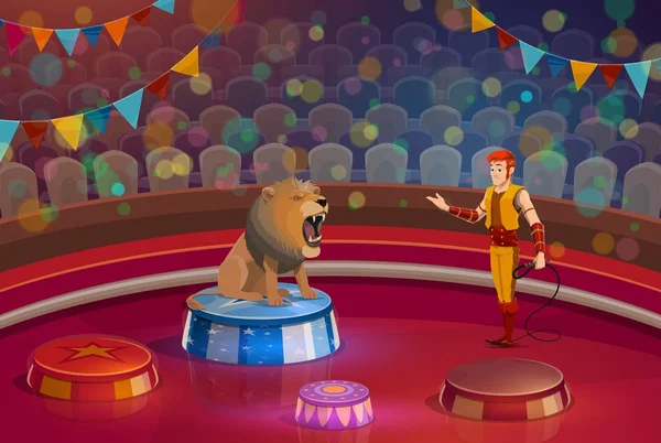 Leão com boca aberta e manipulador no palco do circo —  Vetores de Stock