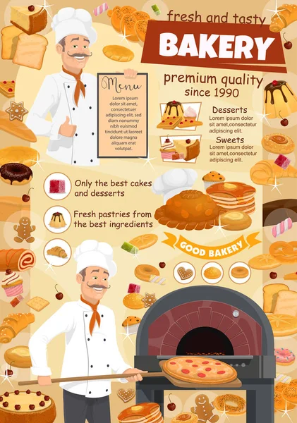 Αρτοποιείο μενού αφίσα baker, πίτσα και επιδόρπια — Διανυσματικό Αρχείο