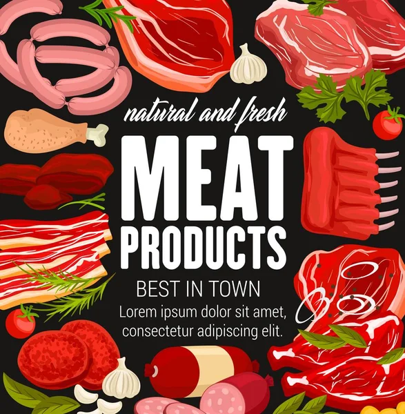 Carniceiro com produtos à base de carne e salsichas — Vetor de Stock