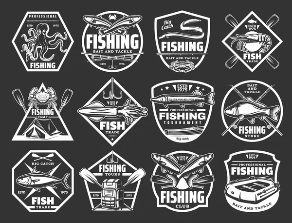 Fishing sport monochrome icons for tackle store — Stock Vector