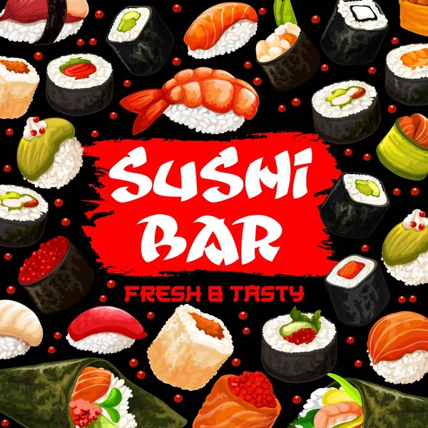 Poster der Sushi-Bar mit japanischer Küche mit Meeresfrüchten — Stockvektor