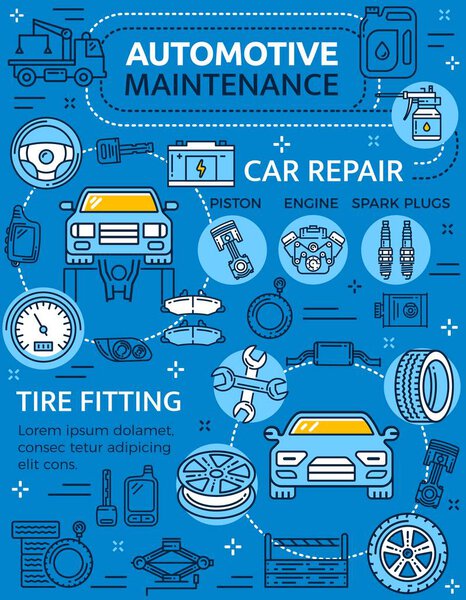 Car repair service poster with vehicle and parts