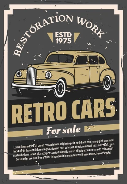 Ρετρό παλαιά αυτοκίνητα για την πώληση ή την αποκατάσταση εργασία αφίσα — Διανυσματικό Αρχείο