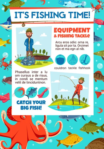 Invitación concurso de pesca con pescador y tackle — Vector de stock