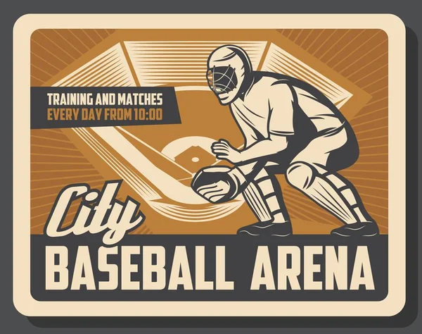 Afiche retro deportivo de béisbol con receptor en casco — Archivo Imágenes Vectoriales