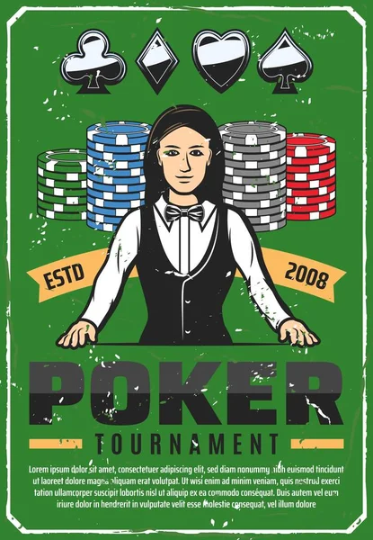 Pokerturnier Retro-Poster mit weiblichem Croupier — Stockvektor