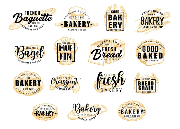 Ψωμί προϊόντα εικονίδια με γράμματα. Αρτοποιείο σημάδια — Διανυσματικό Αρχείο