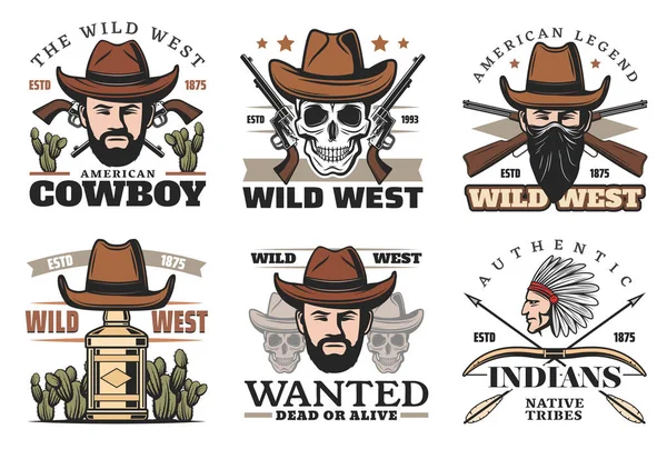 Західні тема ікони з ковбой в капелюсі і зброї — стоковий вектор