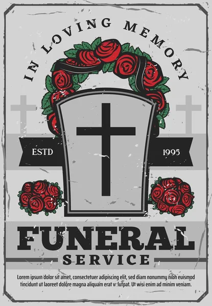 Funeral services affisch med gravsten och krans — Stock vektor