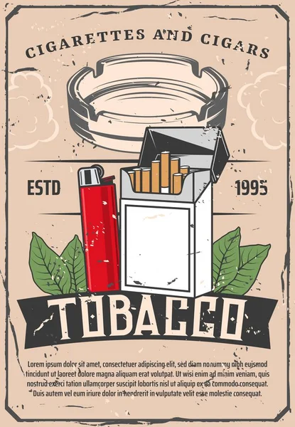 Tabak und Feuerzeug oder Glas-Aschenbecher Retro-Poster — Stockvektor