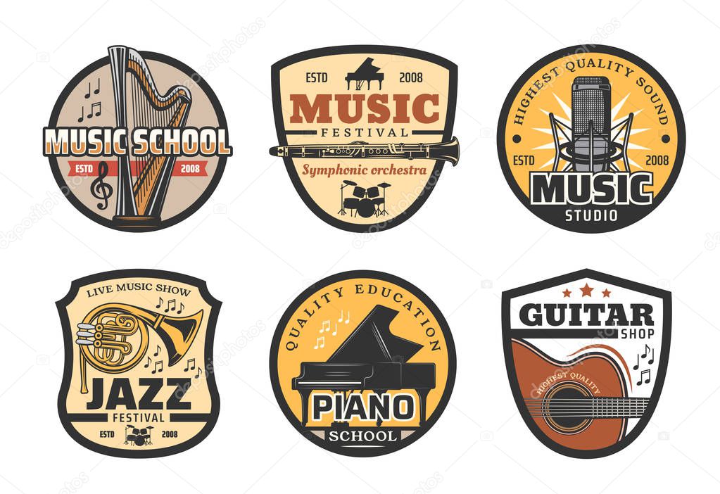 Music icons with musical instruments for school or record studio. Harp and flute, trumpet and piano for symphonic orchestra show. Drums and acoustic guitar with microphone for festival vector