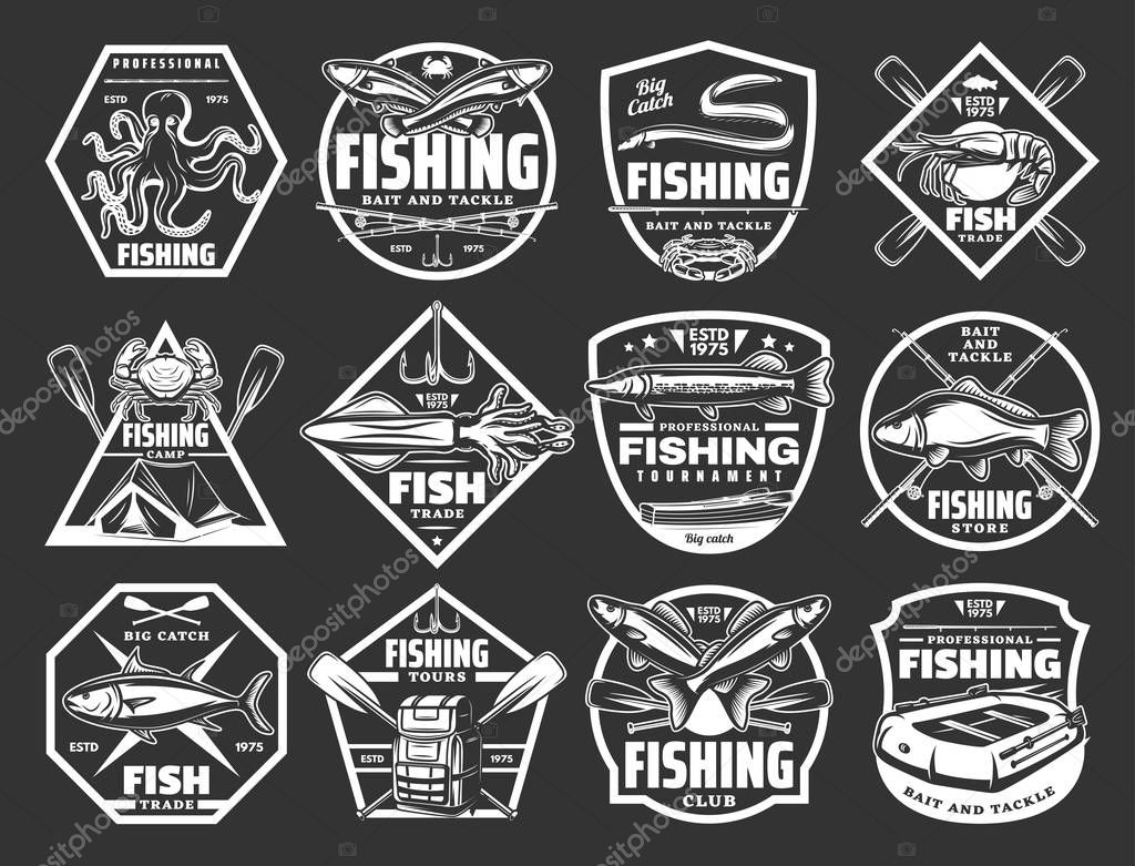 Tackle store for fishing sport monochrome icons. Fishers club badges with fish and equipment. Octopus and salmon, eel and crayfish, crab and squid, pike and carp, camping tent and boat vector