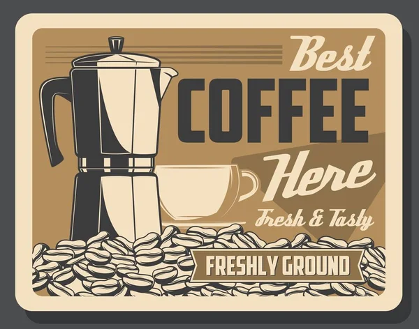 Máquina de café y frijoles o café taza cartel retro — Vector de stock