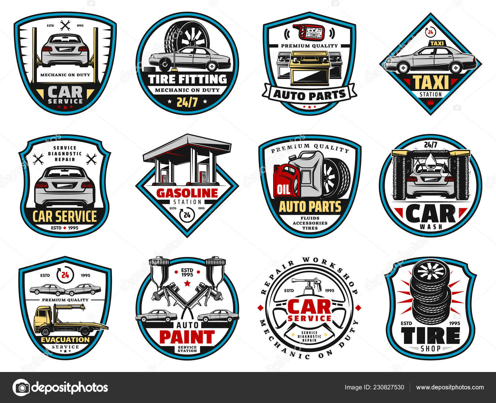 Car spare parts and motor oil, tire, battery icons Stock Vector by  ©Seamartini 230827530