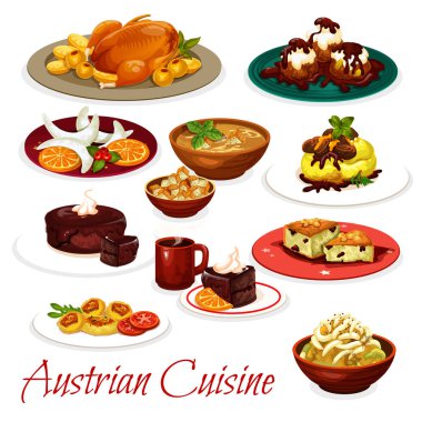 Austrian cuisine meat dishes and chocolate cakes clipart