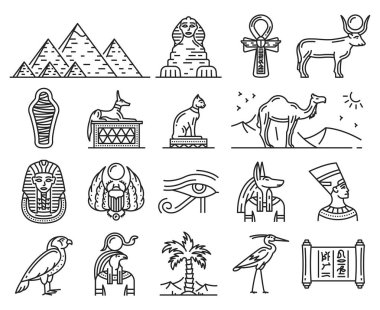 Eski Tanrılar ve dini semboller Mısır ince çizgi simgeler. Sfenks, Firavun piramitler ve Anubis, Ankh, Horus göz ve Tutankhamun Anne, kedi, hiyeroglif, Nefertiti ve bokböceği. Seyahat vektör Tema