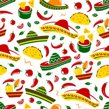 Meksika taco, nacho ve sombrero seamless modeli