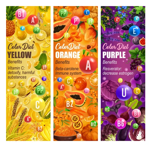 Χρώμα διατροφή φρούτα και λαχανικά. Βιταμίνη τρόφιμα — Διανυσματικό Αρχείο
