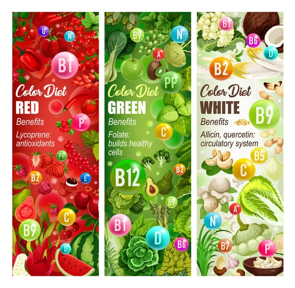 Alimentação de vitamina de dieta colorida. Produtos hortícolas, frutas, nozes —  Vetores de Stock