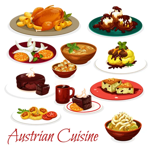 Austrian cuisine meat dishes and chocolate cakes — Stock Vector