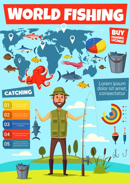 钓鱼运动信息图与捕鱼图 — 图库矢量图片