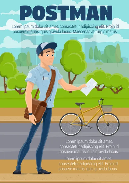Листоноша Доставку Пошти Велосипедом Персонаж Мультфільму Mailman Синім Рівномірного Листа — стоковий вектор