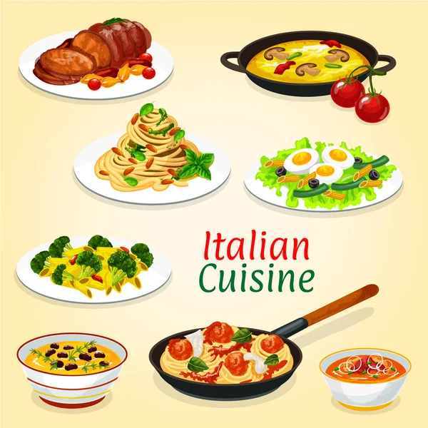 Platos italianos de pasta, carne, pescado y verduras — Vector de stock