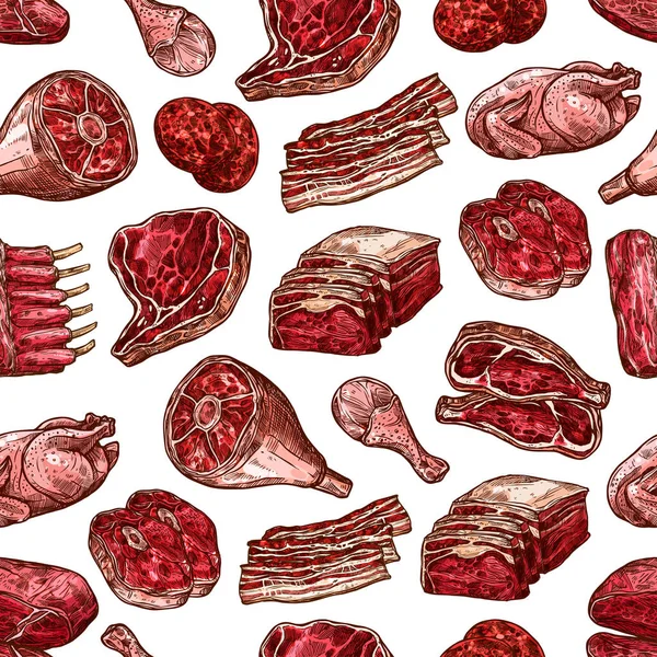 Viande, boeuf, porc et poulet coupes motif sans couture — Image vectorielle