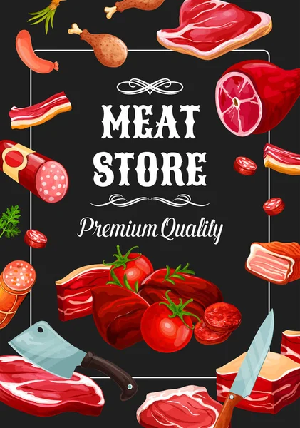 Salsichas de loja de carne, delicatessen de talho — Vetor de Stock