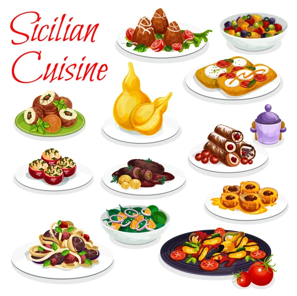 Sicilian veggies seafood dish, pastry dessert — Stock Vector