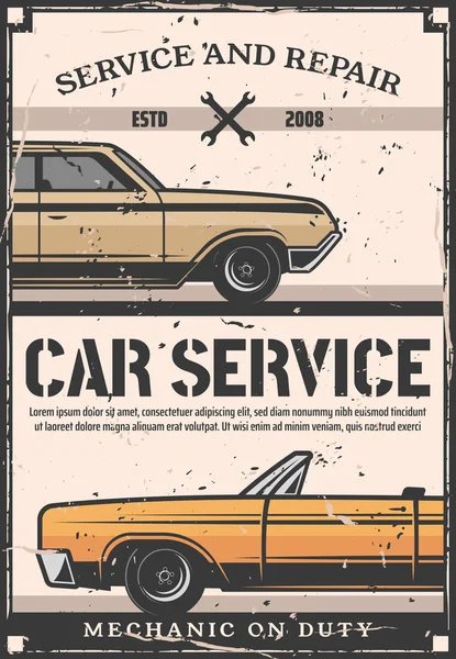 車のサービスやメンテナンス、レトロなポスター — ストックベクタ