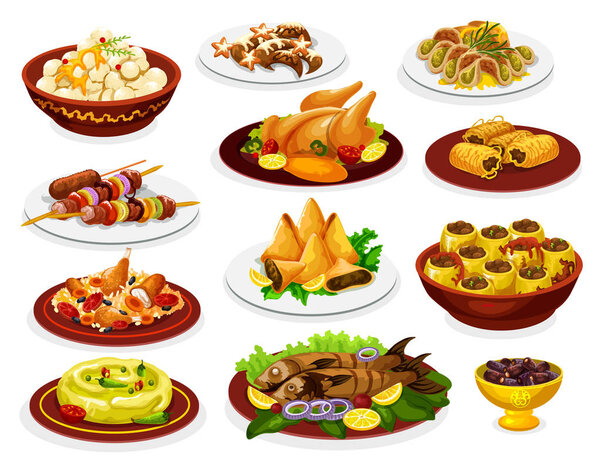 Ramadan iftar dishes with meat, fish and desserts