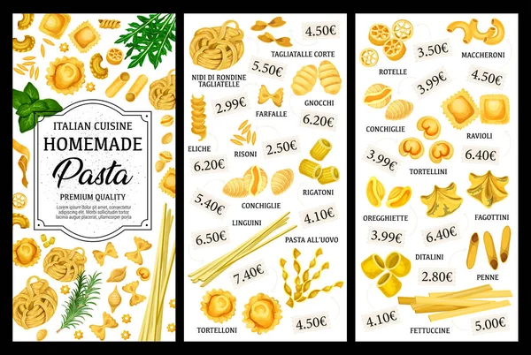 Menú de pasta italiana, espaguetis y macarrones — Vector de stock