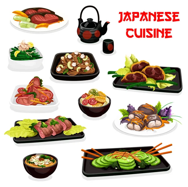 Platos de cocina japonesa, carne y pescado — Vector de stock