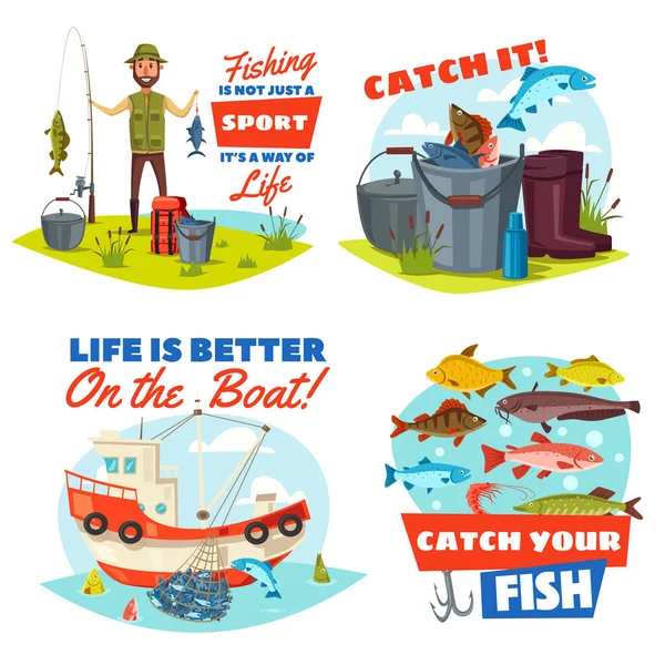 Pescador, barco de pesca e iconos de captura de peces — Vector de stock