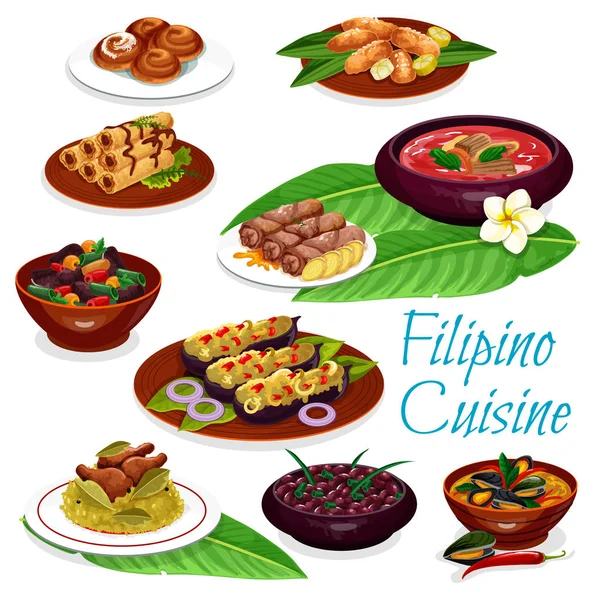 フィリピン料理は肉、魚介類、フルーツ菓子 — ストックベクタ