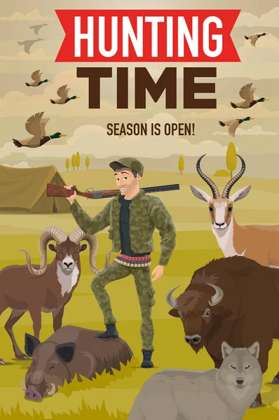 Chasseur avec trophée de chasse, pistolet, animaux et oiseaux — Image vectorielle