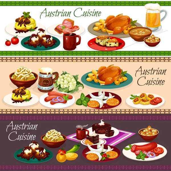 Austrian meat dishes, beer drink and desserts — Stock Vector