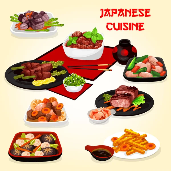 Cuisine japonaise avec viande, légumes, poisson — Image vectorielle