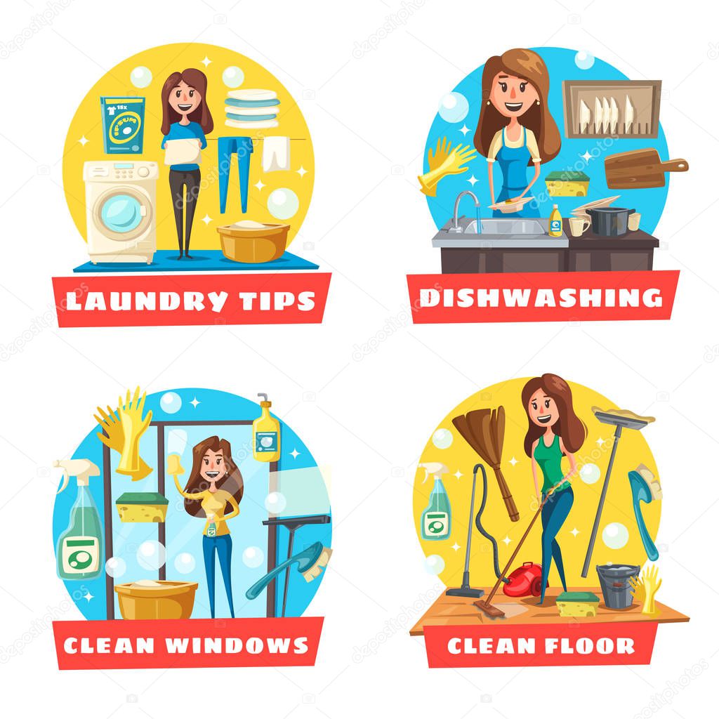 Cleaning and laundry service icons with girl doing housework. Floor and window cleaning, laundry and dishwashing vector design of woman with vacuum cleaner, broom and mop, spray, duster and squeegee
