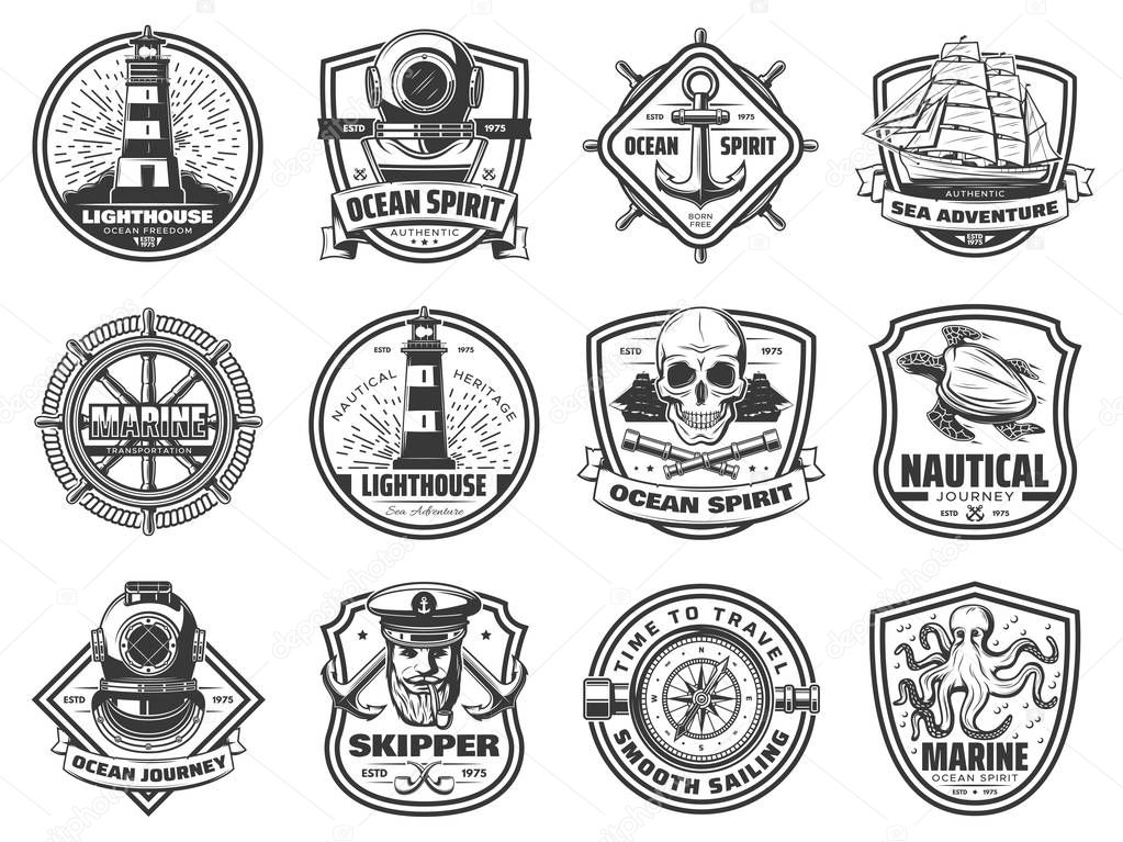 Nautical badges with sea anchor, ship and helm. Vintage sailing boat, rope and yacht, spyglass, compass and steering wheel, lighthouse, captain and octopus, pirate skull and diver helmet vector icons