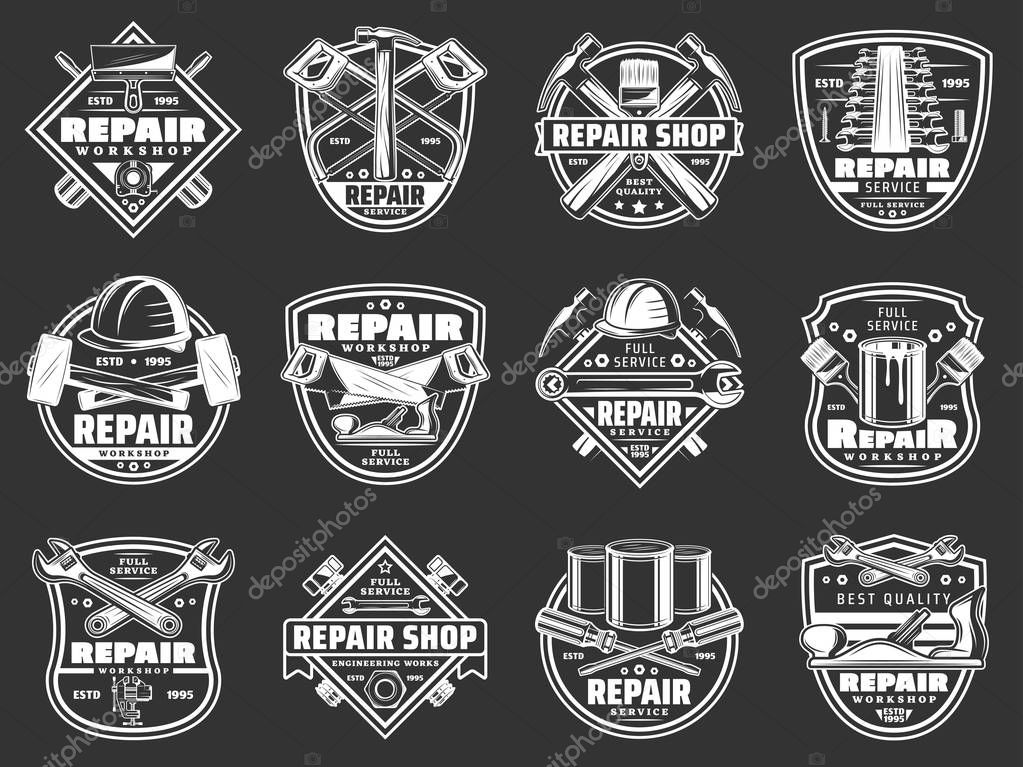 Construction and repair tools retro badges. Hammer, wrench, saw and drill, toolbox, paint and brush, helmet, pliers and spanner, screwdriver, trowel and ruler, screw and spatula. Repair service vector