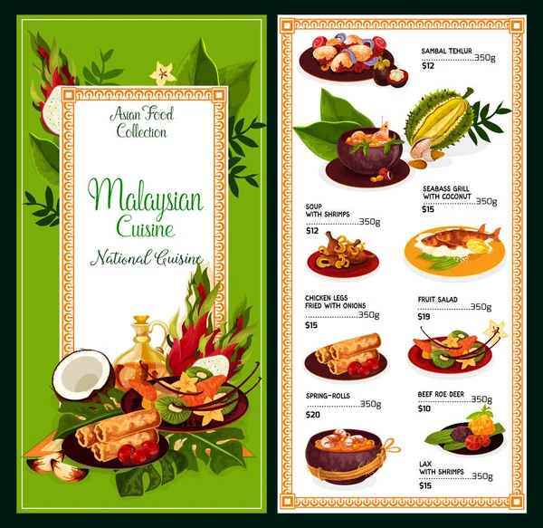 मलेशियन स्वयंपाक मेनू, पारंपारिक आशियाई अन्न — स्टॉक व्हेक्टर