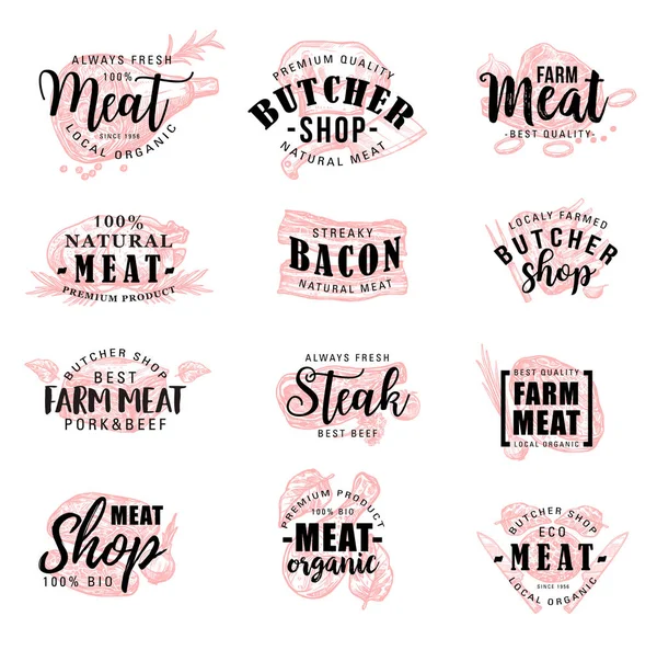Butcher shop gården köttprodukter skiss bokstäver — Stock vektor